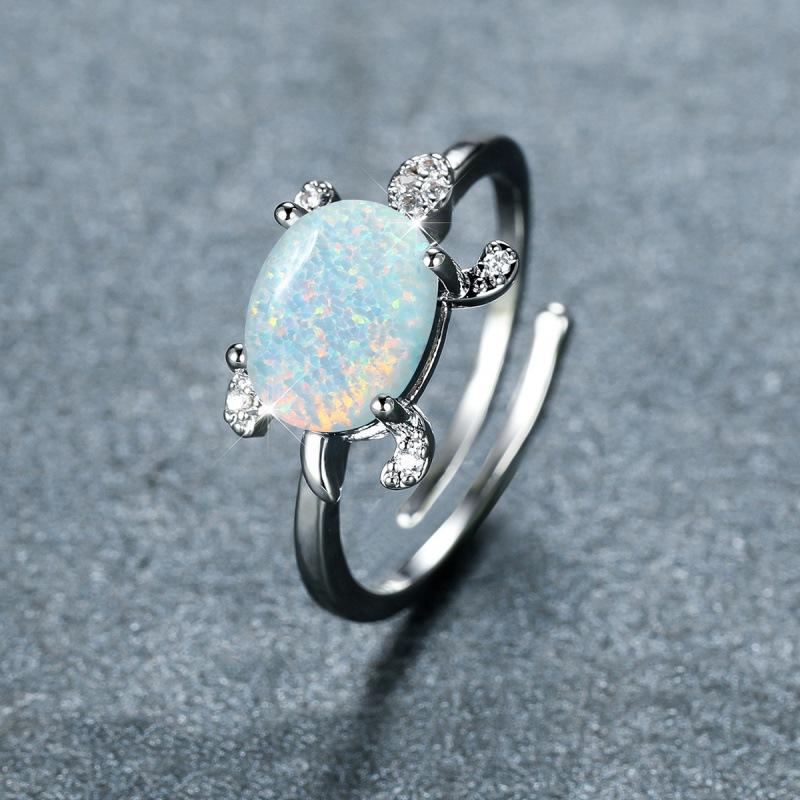 Wish personalized platinum oval blue-green-white Opal turtle opening versatile ring slightly inlaid with zircon
