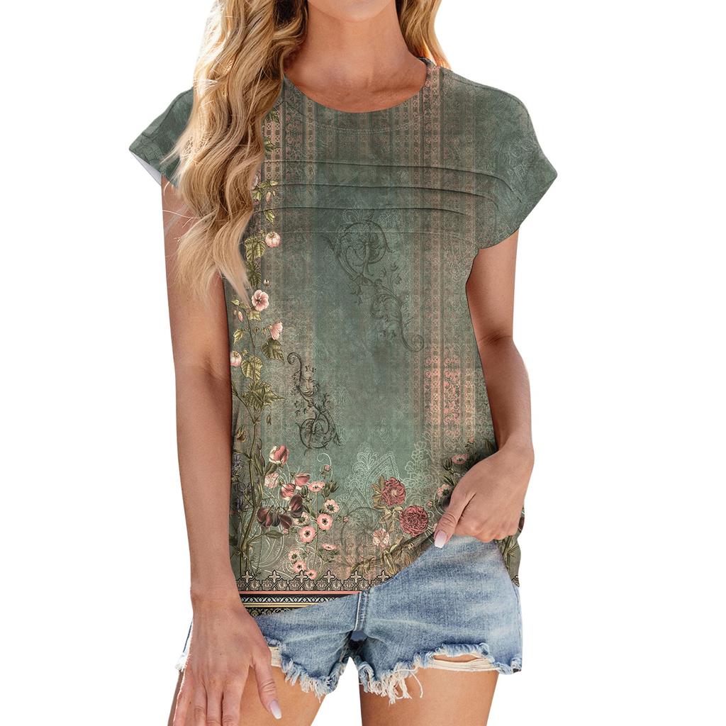 Women's Fashion Casual Basic Floral Textured Round Neck T-Shirt Vest Top