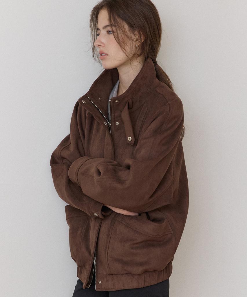 OURHOPE Curved High-Neck Suede Jacket - Brown