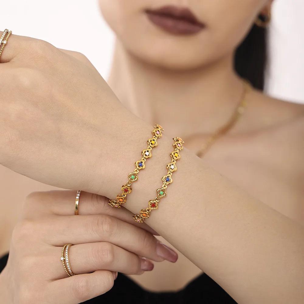 1 Piece Stainless Steel Small Flower Handmade Chain Oil Drip Colorful Heavy Work Necklace Bracelet Ladies Zircon Accessories