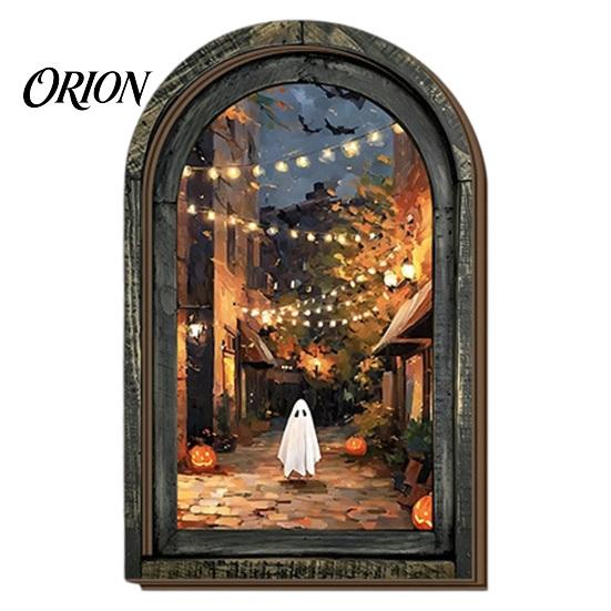 Medieval Arched Window Decor Halloween Vintage Arch Wooden Sign, Gothic Spooky Ghost Wall Hanging with Bracket, Rustic Dark Aesthetic Home Ornament