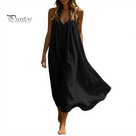 Soft Fabric Dress Women's Spaghetti Strap Beach Sundress, Summer Sleeveless V Comfortable Neck Cami Dress, Loose Flowy Vacation Long Versatile Holiday