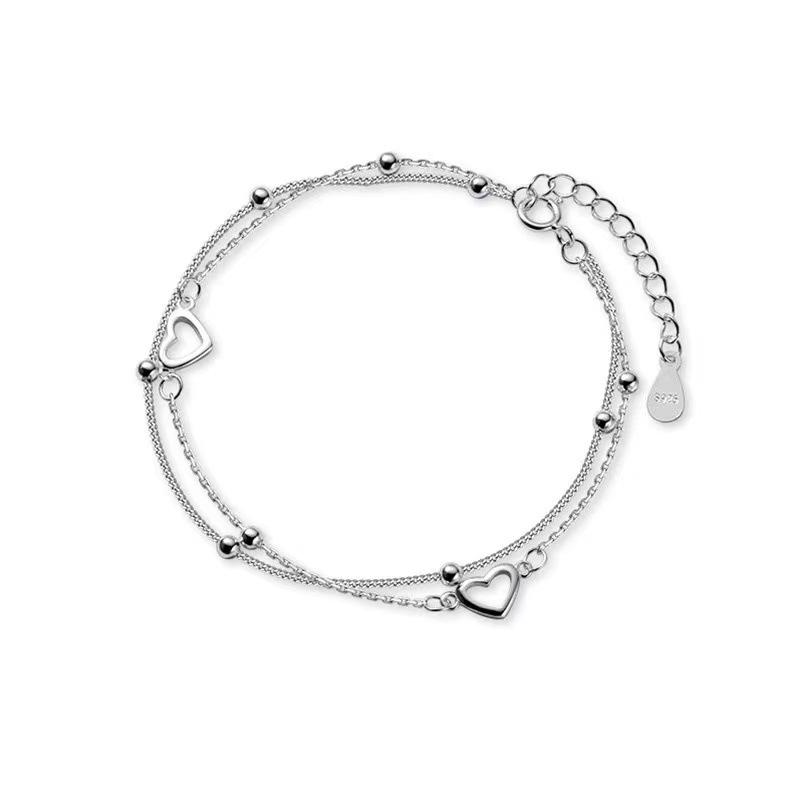 S925 Silver-Plated Heart & Beads Double-Layer Bracelet for Women