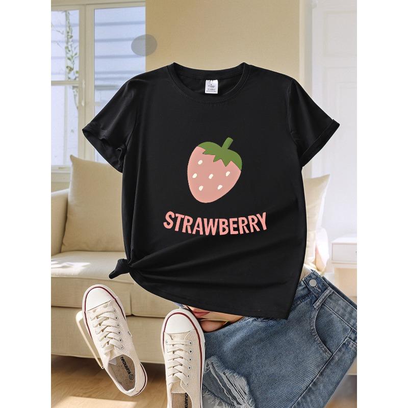 Women'S Short-Sleeve T-Shirt with Letter And Strawberry Print, a Trendy And Versatile Casual Top for Summer