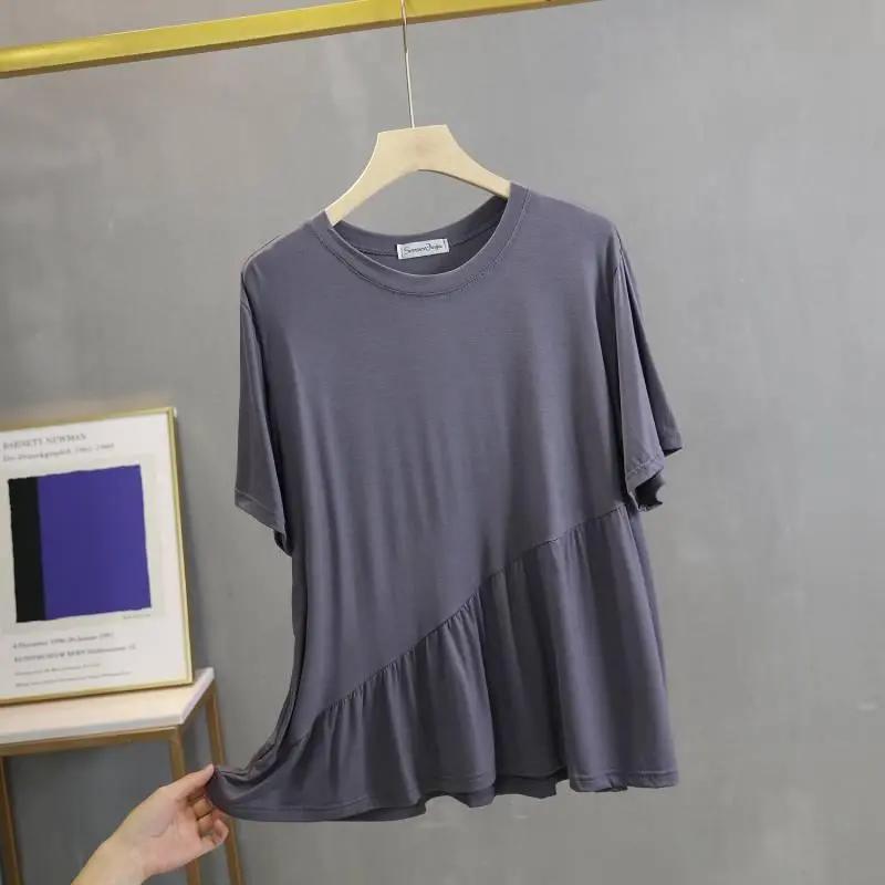 T-shirt Women Solid Color Summer Casual Large Size Loose Round Neck Pullover Short-sleeved Tops