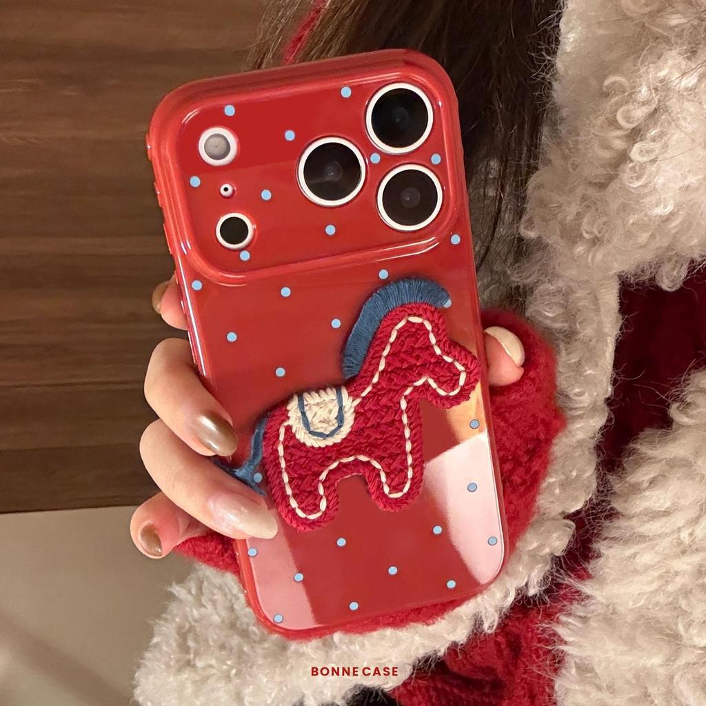 Wine Red Polka Dot Embroidered Horse Phone Case for iPhone 17 Pro Max, iPhone 16, and iPhone 13 with Drop Protection