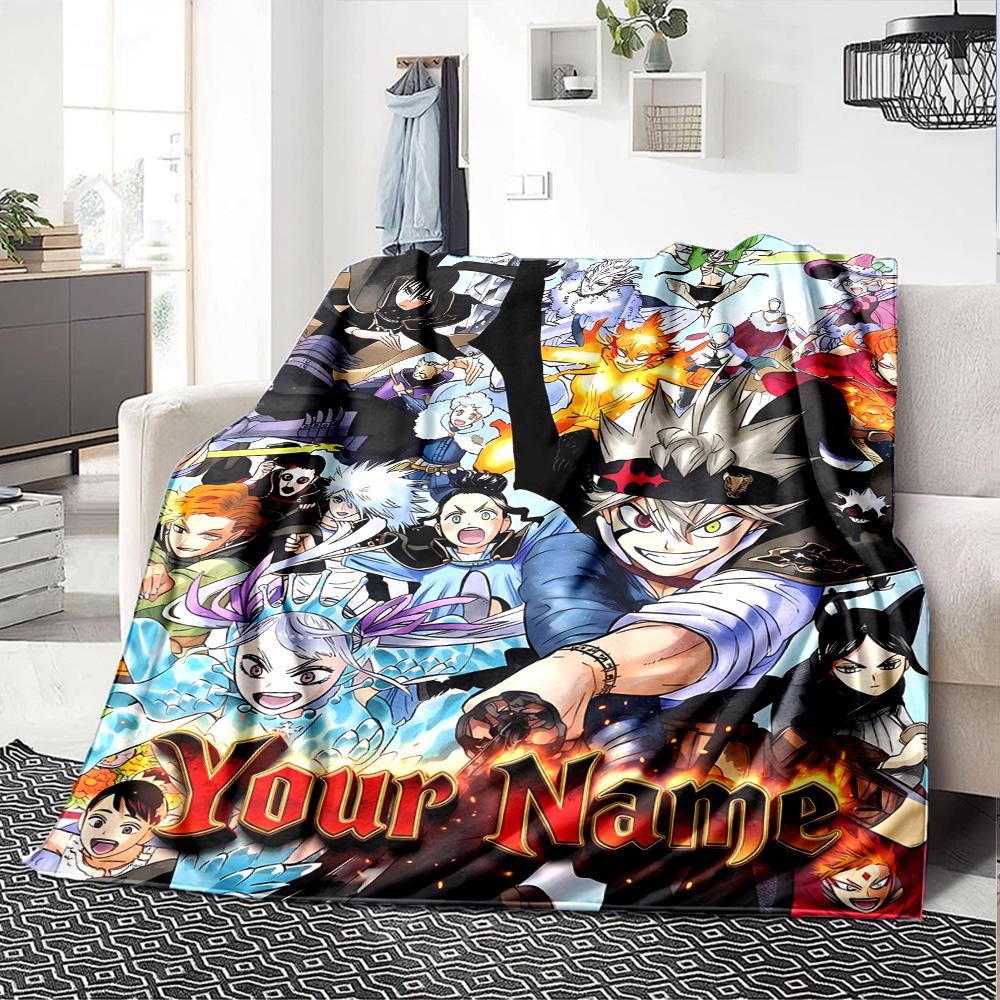 1pc Black Clover Blanket with Custom Name, Gift, for Men and Women, Soft Blanket, Good for Sofa Bed Couch Travel, Lightweight Flannel Blanket