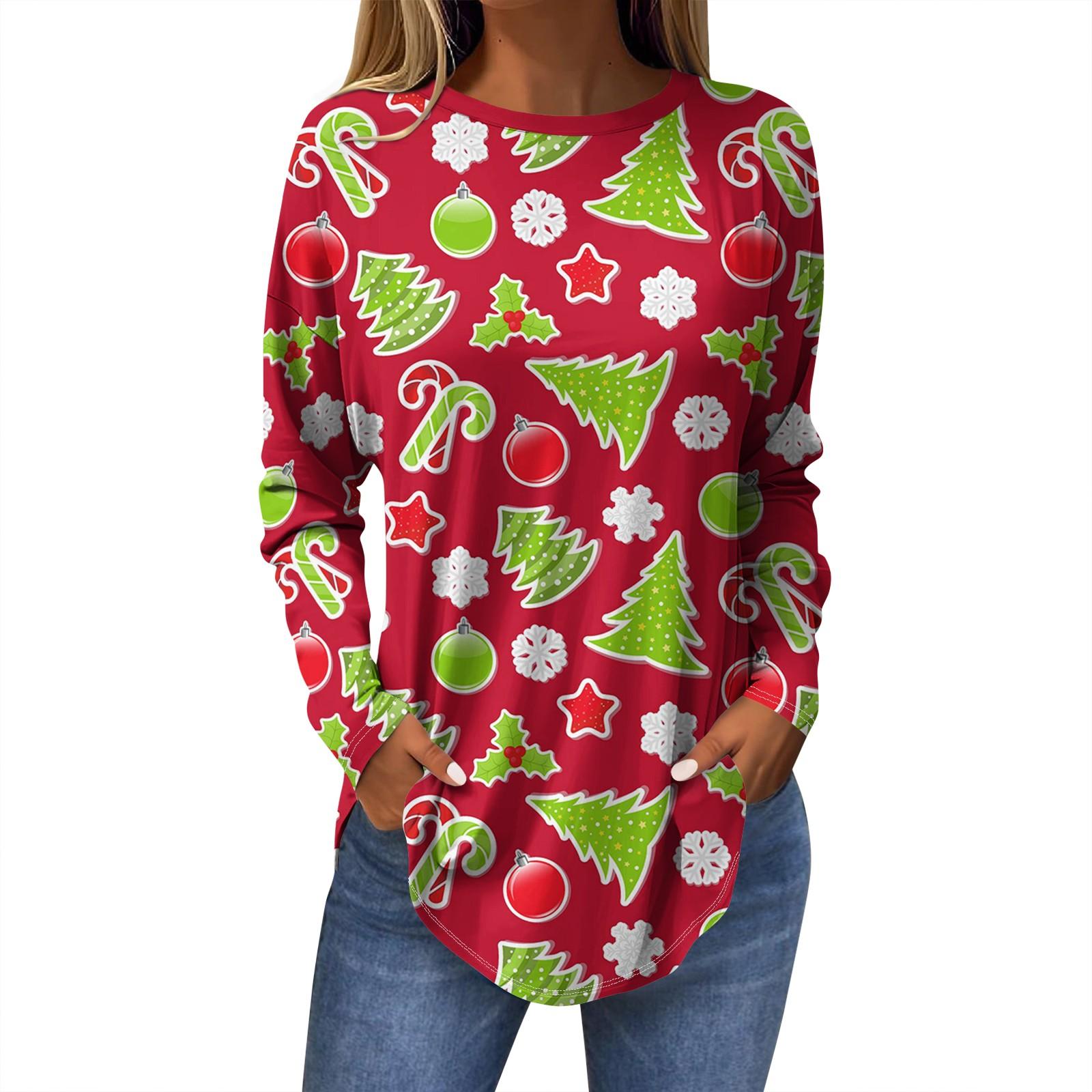 

Женская модная повседневная футболка с круглым вырезом и длинным рукавом с рождественским принтом M красный