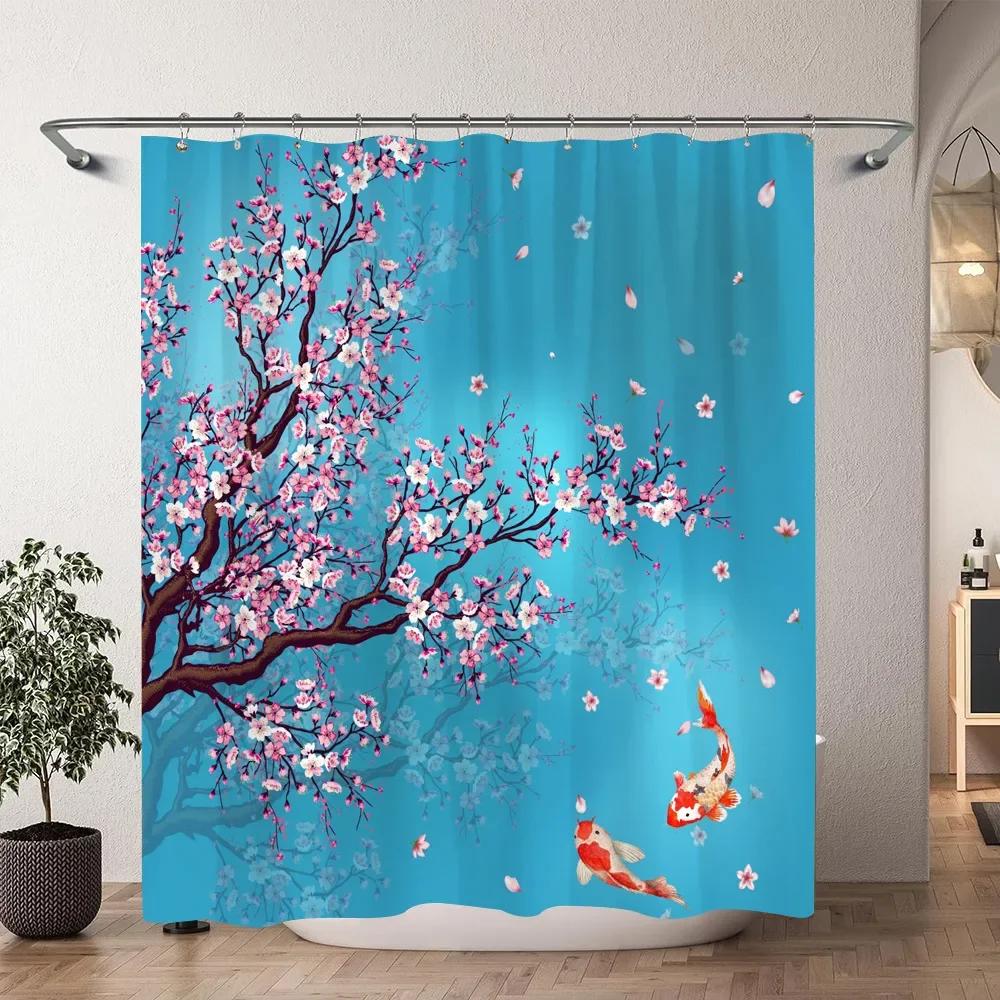 Japanese Cherry Blossom Watercolour Print Shower Curtain Koi Waves Chinese Ink Painting Polyester Shower Curtains Bathroom Decor