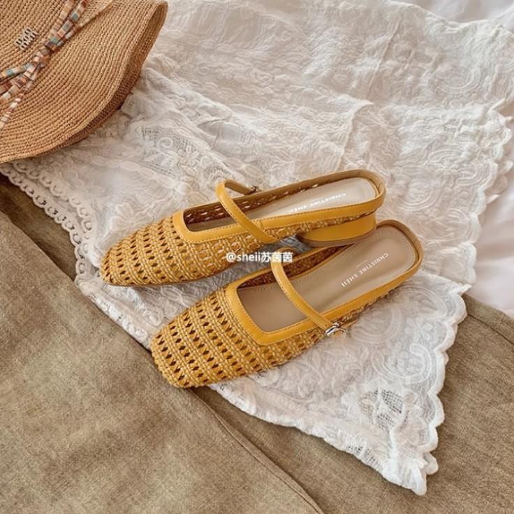 

Spot second hair! Fashion versatile new square head woven thick heel bag head Mary Jane slippers women s half-drag sandals women 40 жёлтый
