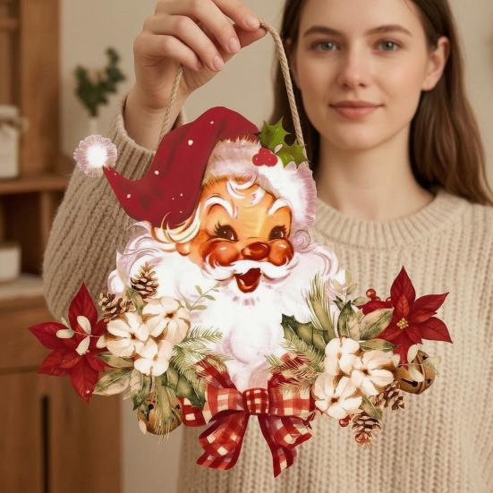 Vintage Style Wooden Pendant Santa Claus Hanging for Christmas, Rustic Floral Wall Sign, Christmas Door Sign Tree Ornament with Hemp Rope Home Office