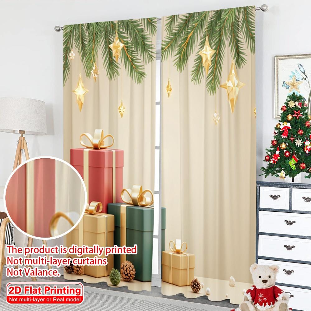2pcs 2D Flat Printing Christmas Curtains Christmas Gifts Pinecones Ornaments Stars Fabric Without Electricity Festive Holiday