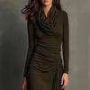 2026 autumn and winter European and American independent station temperament elegant stacked collar pleated slim dress