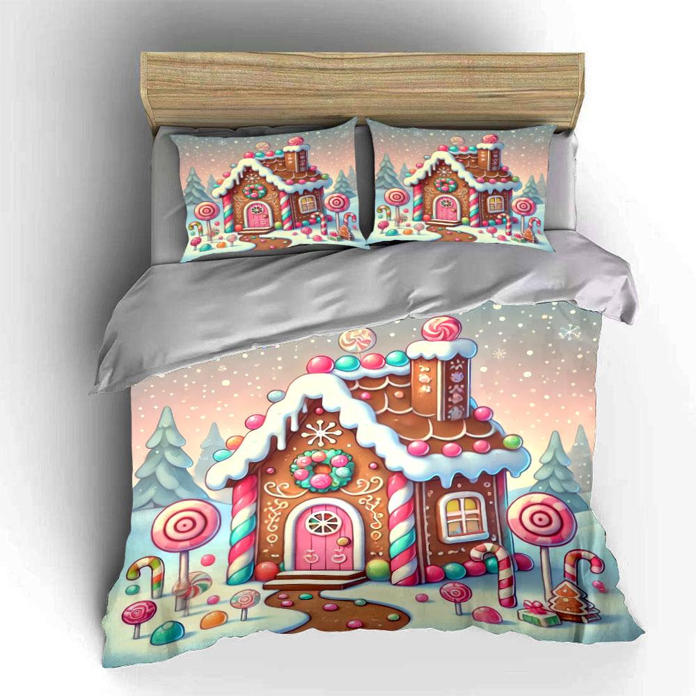 Gingerbread Candy House Design Bedding Duvet Cover Set (1*Duvet Cover 2*Pillowcases, Without Duvet Insert)