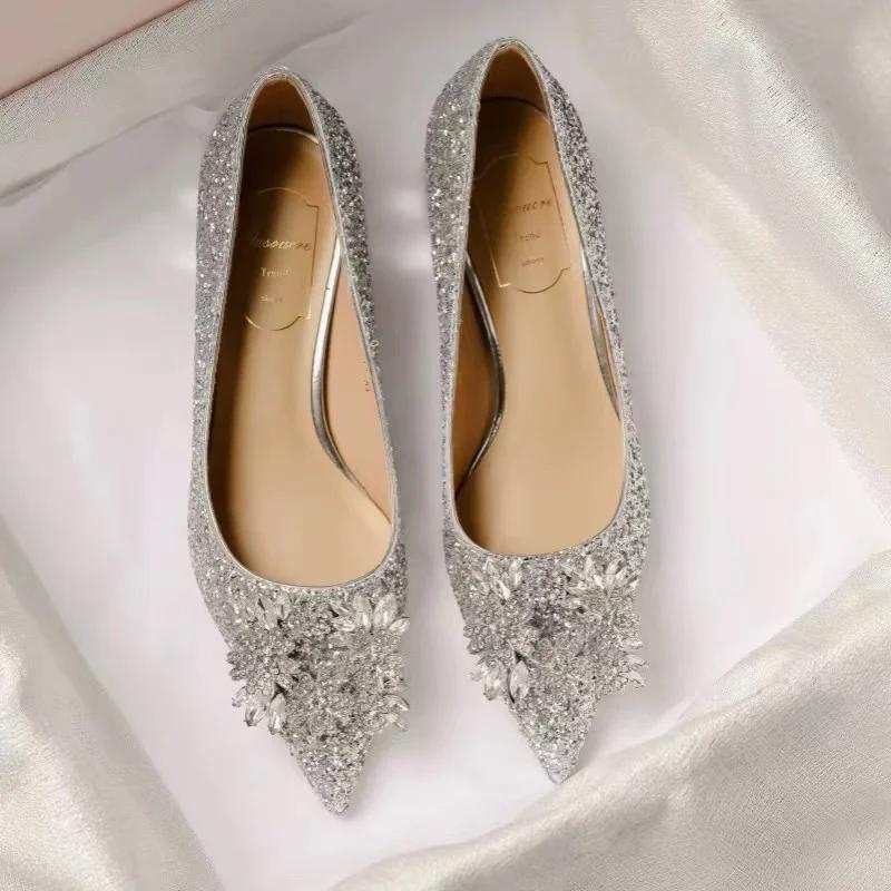 Women's Fashion Thick Heel Shoes Fall New Pointy Head Shallow Mouth Sequin Cloth Diamond-like Buckle Temperament Low Top Shoes