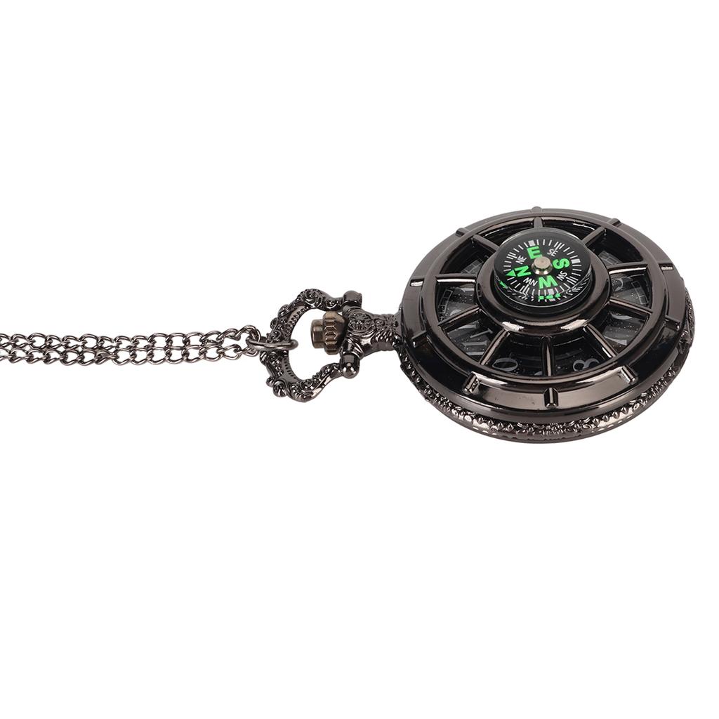 Vintage Pocket Watch Quartz Movement Hollow Out Dial Compass Men Pocket Watch with Chain Black