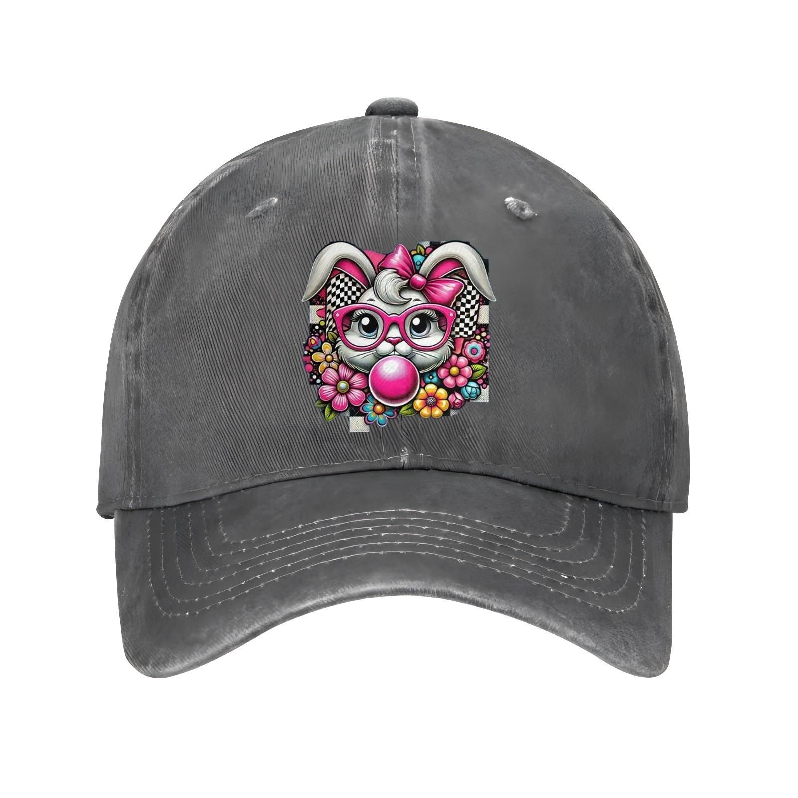 

Cute Bunny with Pink Glasses Bubble Gum Print Baseball Cap Adjustable Casual Cotton Sun Hat One Size