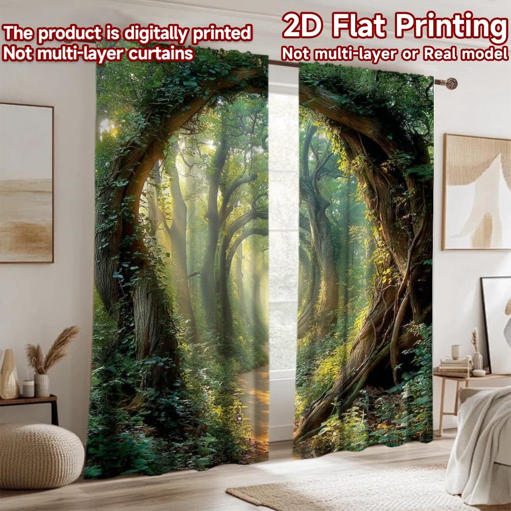 2D Flat Printing 2pcs Window Curtains Enchanted Forest Path Sunlit Digital Printed Polyester Drapes Festive Holiday for Indoor