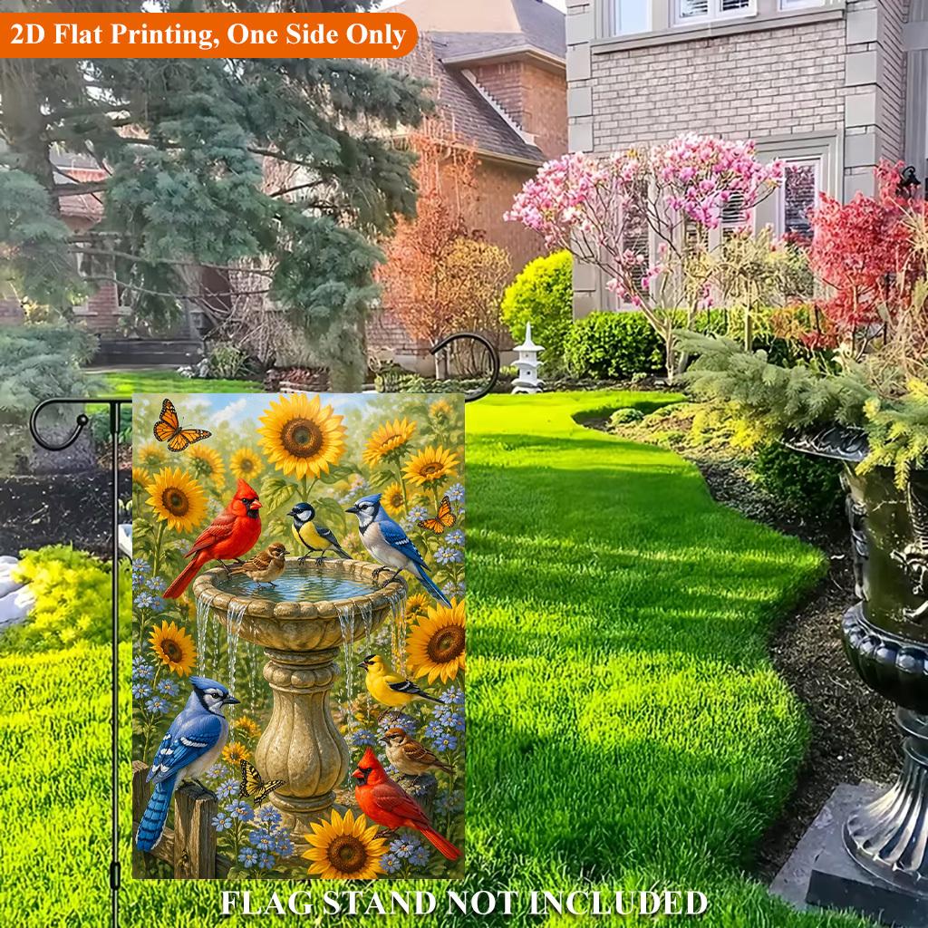 Birds Gather Around Fountain Single Sided Polyester , Garden Flag - Single-Sided, Polyester, Outdoor Yard Decor