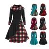 Damen Karo Patchwork Kapuzen-Stehkragen Langarm Midi A-Linien Kleid