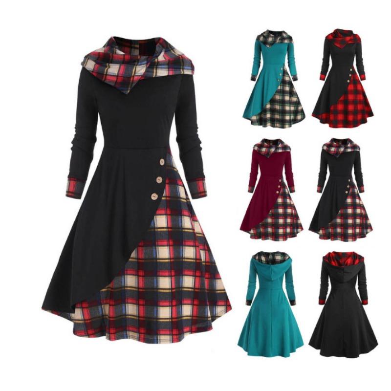 Damen Karo Patchwork Kapuzen-Stehkragen Langarm Midi A-Linien Kleid