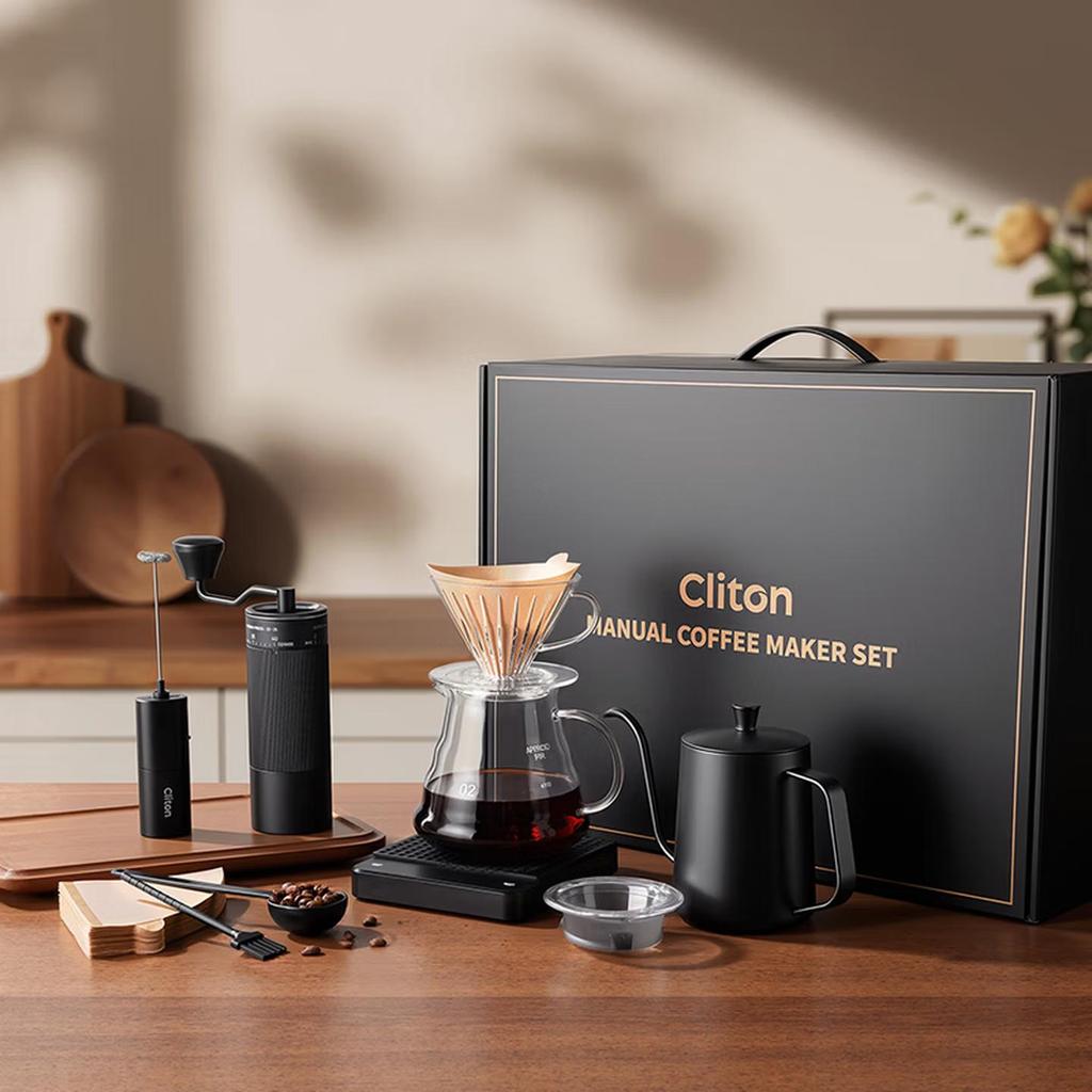 CLITON Hand-Crank Coffee Grinder Portable Manual Coffee Maker with Coffee Pot, Coffee Filter Cup And Filter Paper Set