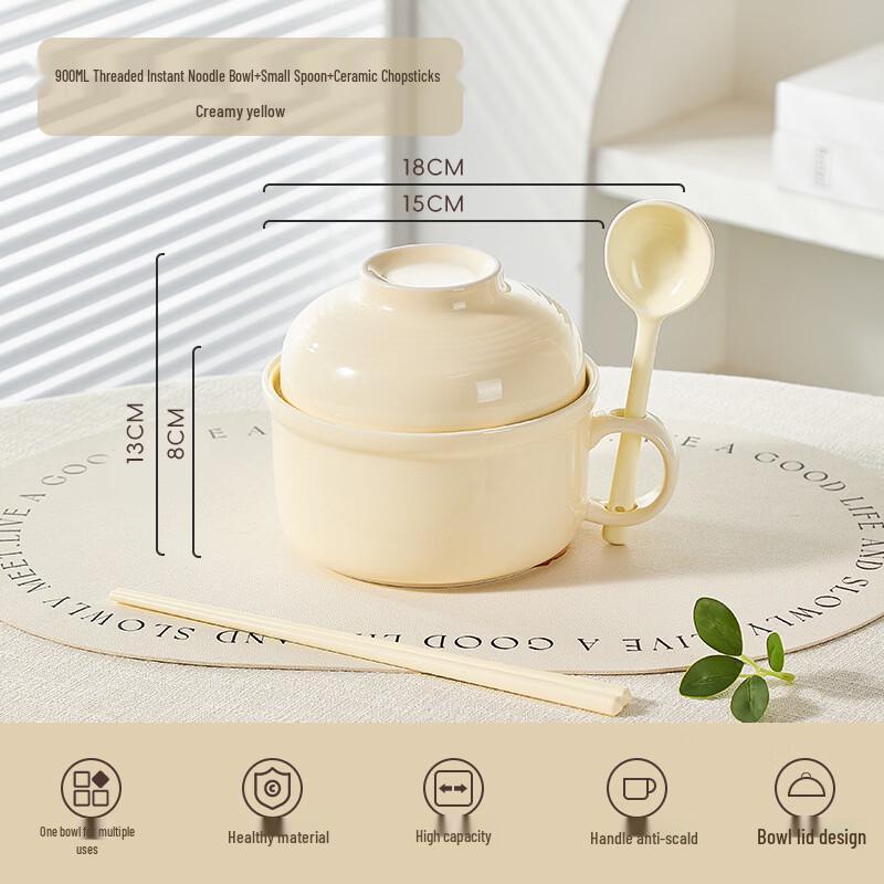 Wutuo Underglaze Ceramic Noodle Bowl with Lid and Handle