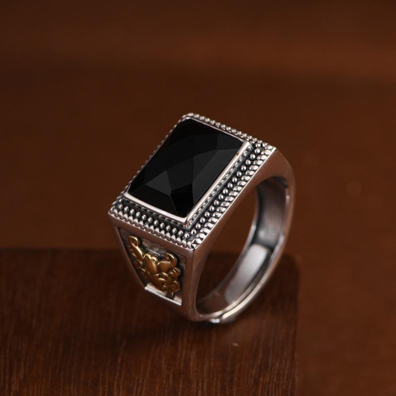 Silver Fried Dough Twists Black Stone Ring Opening Antique Jewelry for Men and Women