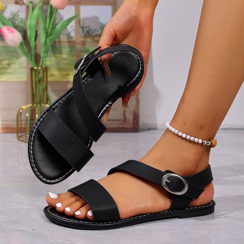 Fashion New Women Flat Sandals Leather Cross Strap Rome Style High Quality Summer Ladies Shoes  Buckle Strap