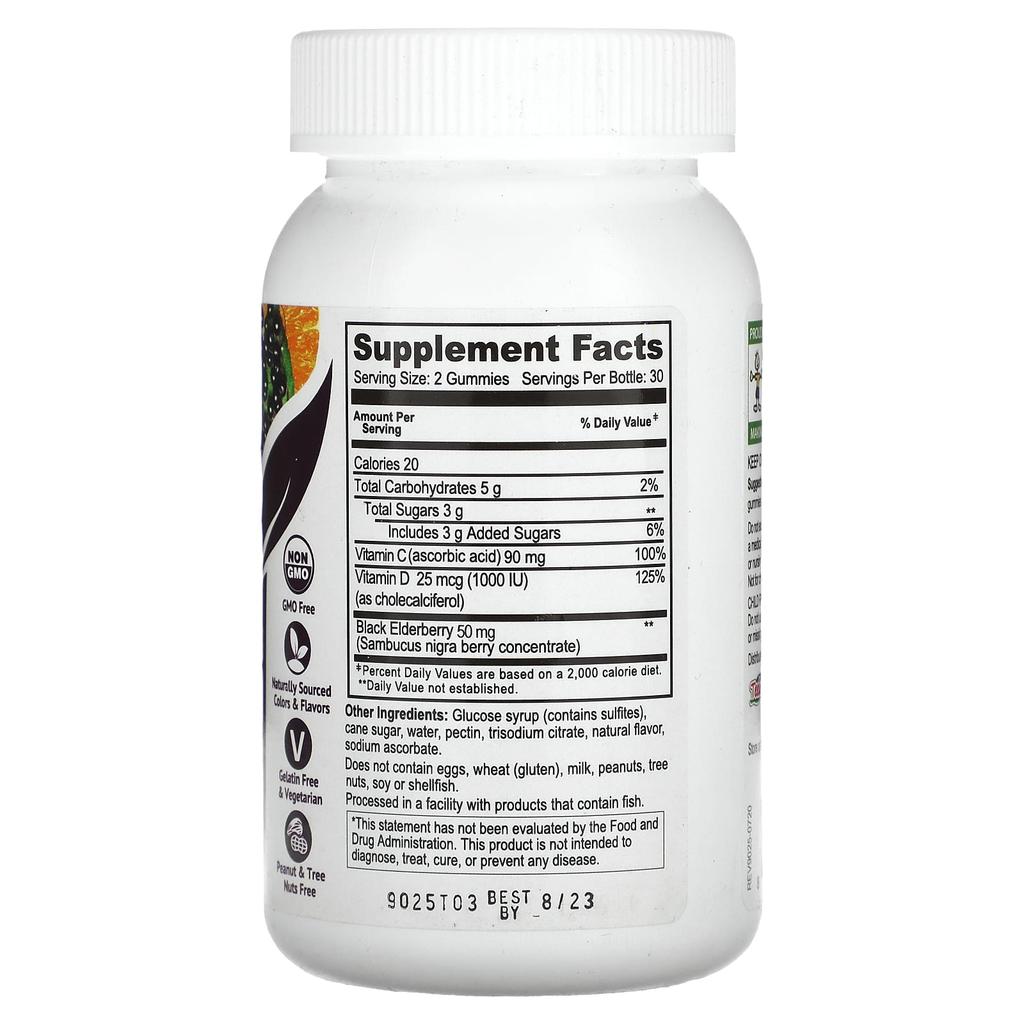 Elderberry, Vitamin C and Vitamin D, Triple Defense, Berry Flavor, 60 Gummies