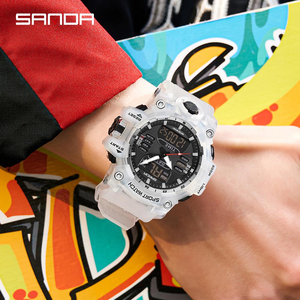 SANDA Sports Military Men's Watches Luxury Dual Display Watch 50M Waterproof Quartz Wristwatch for Male