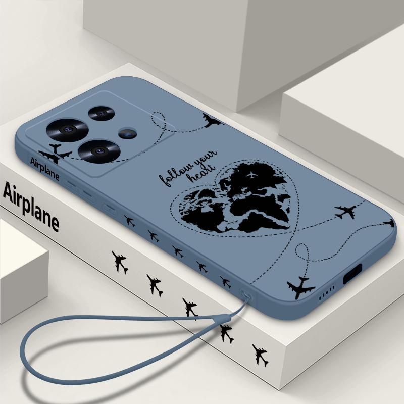 Airplane Heart Map Print Lanyard Case For Xiaomi 14T 13T 11T Pro Funda Redmi Note 14 13 Pro 5G 12 11 Soft TPU Silicone Cover