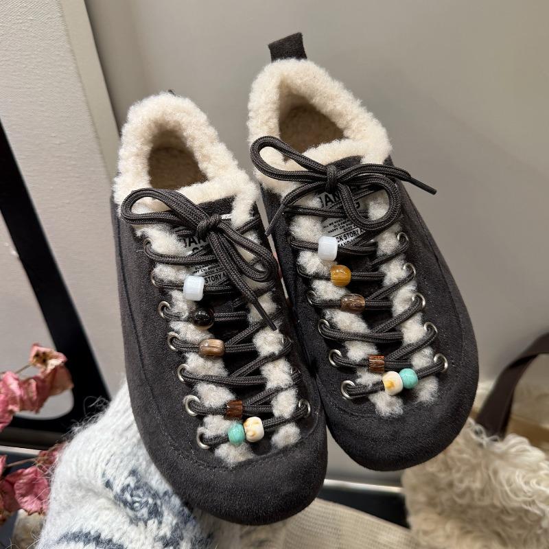 Inner Heightened Beaded Lambswool Plush Niche Casual Shoes Women's New Winter Thick-soled Warm Cotton Shoes