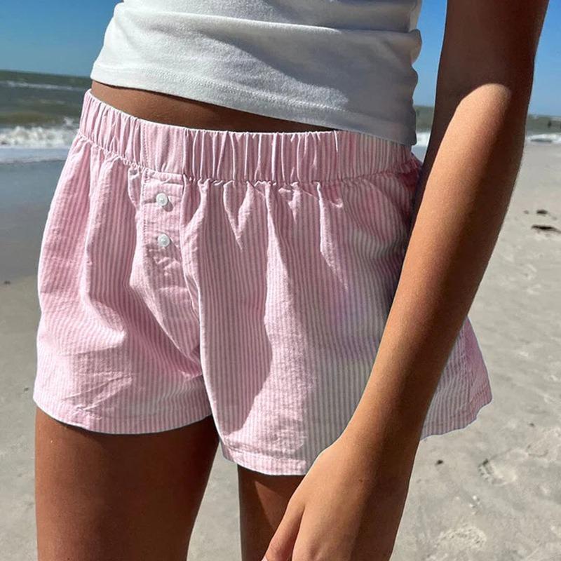 

Fashion Summer Simple Striped Women Beach Shorts Loose Elastic Waist Sports Casual Short Pants Elegant Buttons Simple Basic Thin Women s Clothing L