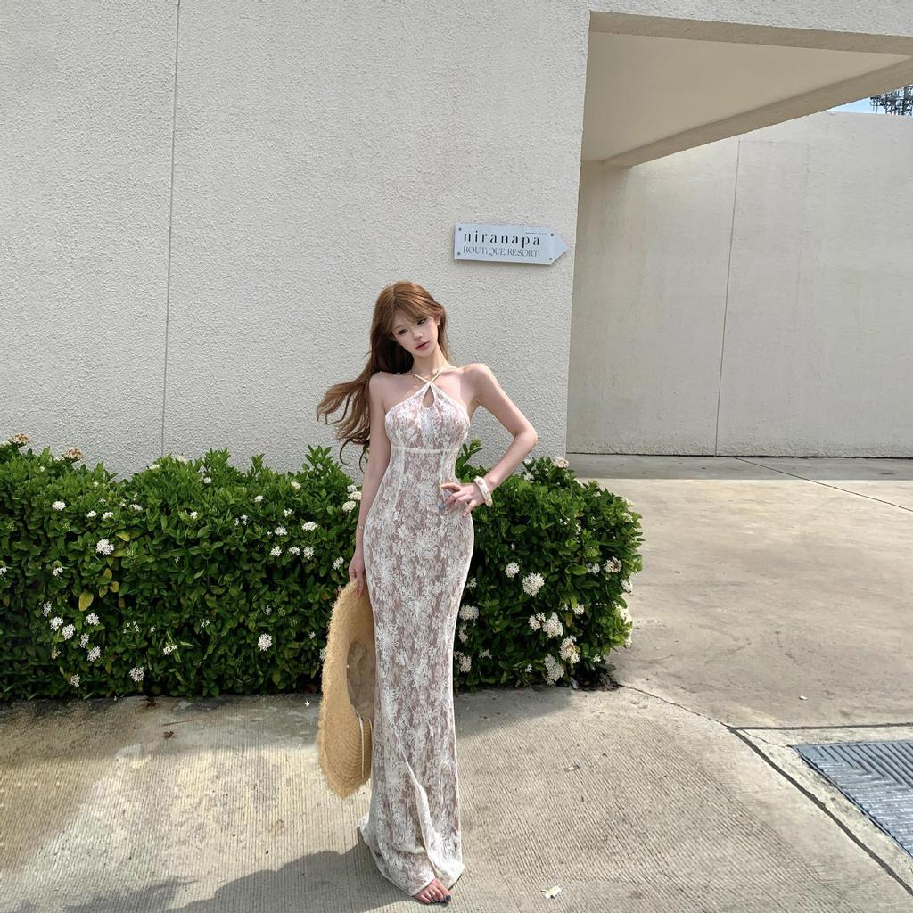 Morning Robe Female Bride Premium Lace Neck Birthday Fishtail Long Dress Light Dress French Suspender Dress