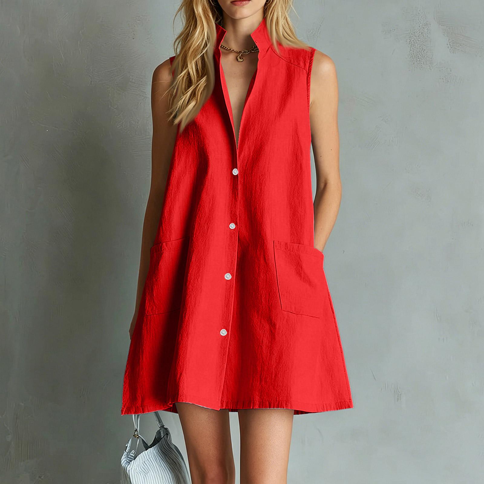 Women s Sleeveless Stand Collar Loose Fit Single Breasted Dress with Pockets Vacation Casual Mini Dress S красный