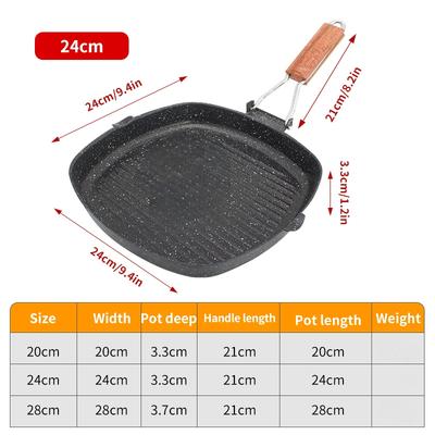 Sartén para carne, parrilla portátil antiadherente de hierro fundido, plancha cuadrada profunda con asas de madera plegables.