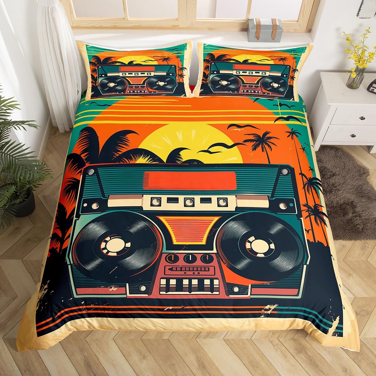 

Carton Black Record Soft Duvet Cover Set Retro Record Warm Comforter Cover for Boy Girl Music Theme Beding Set Quen King Soft Duvet Covers 100*200cm Single