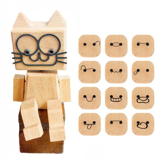 

1 Set Shaking Wooden Man Figurine with 12 Magnetic Expressions Handmade Shaking Feet Wooden Doll Car Dashboard Desktop Decoration B