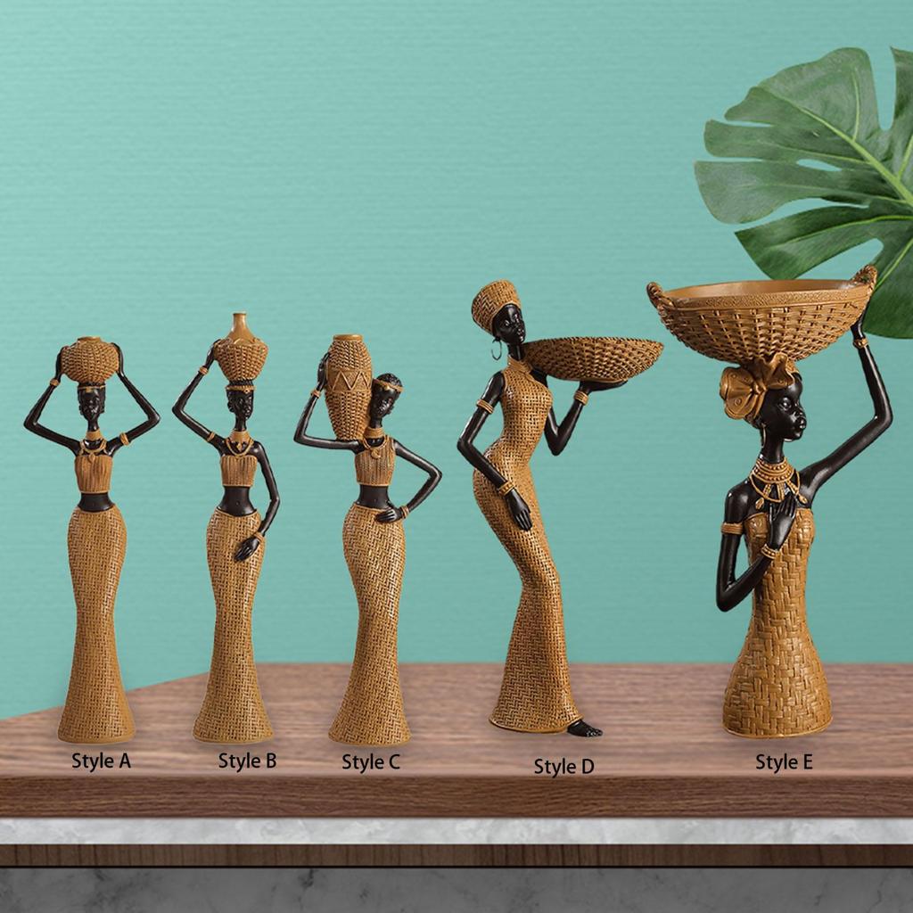 African Woman Figure Table Sculpture Handmade Retro Weave Pattern Decorative for