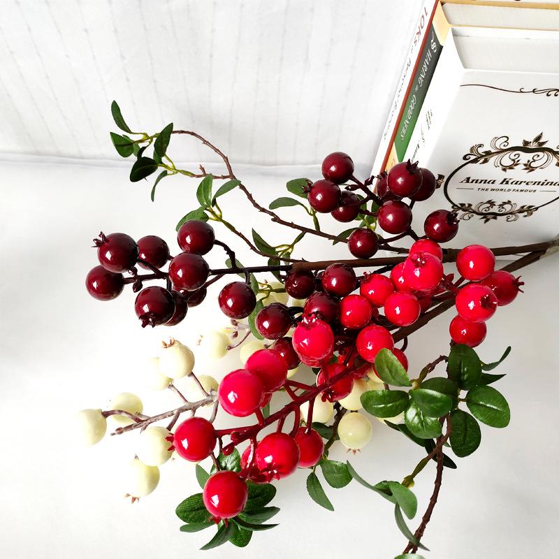 2pcs Simulated 3-Head Small Pomegranate Fruit Branch Simulated Fruit Berry Christmas Fruit Shooting Props Home Soft Decoration Direct Sales