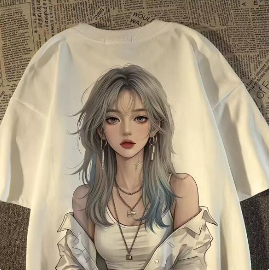 100% pure cotton trendy retro anime girl printed short sleeve T-shirt, loose fit for men and women, summer high street top