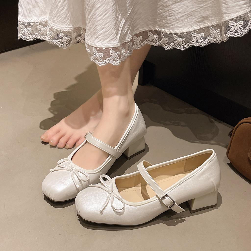 French Fairy Style Red Square Head Mary Jane Shoes Girl Spring 2025 New Bow Flat Ballet Shoes