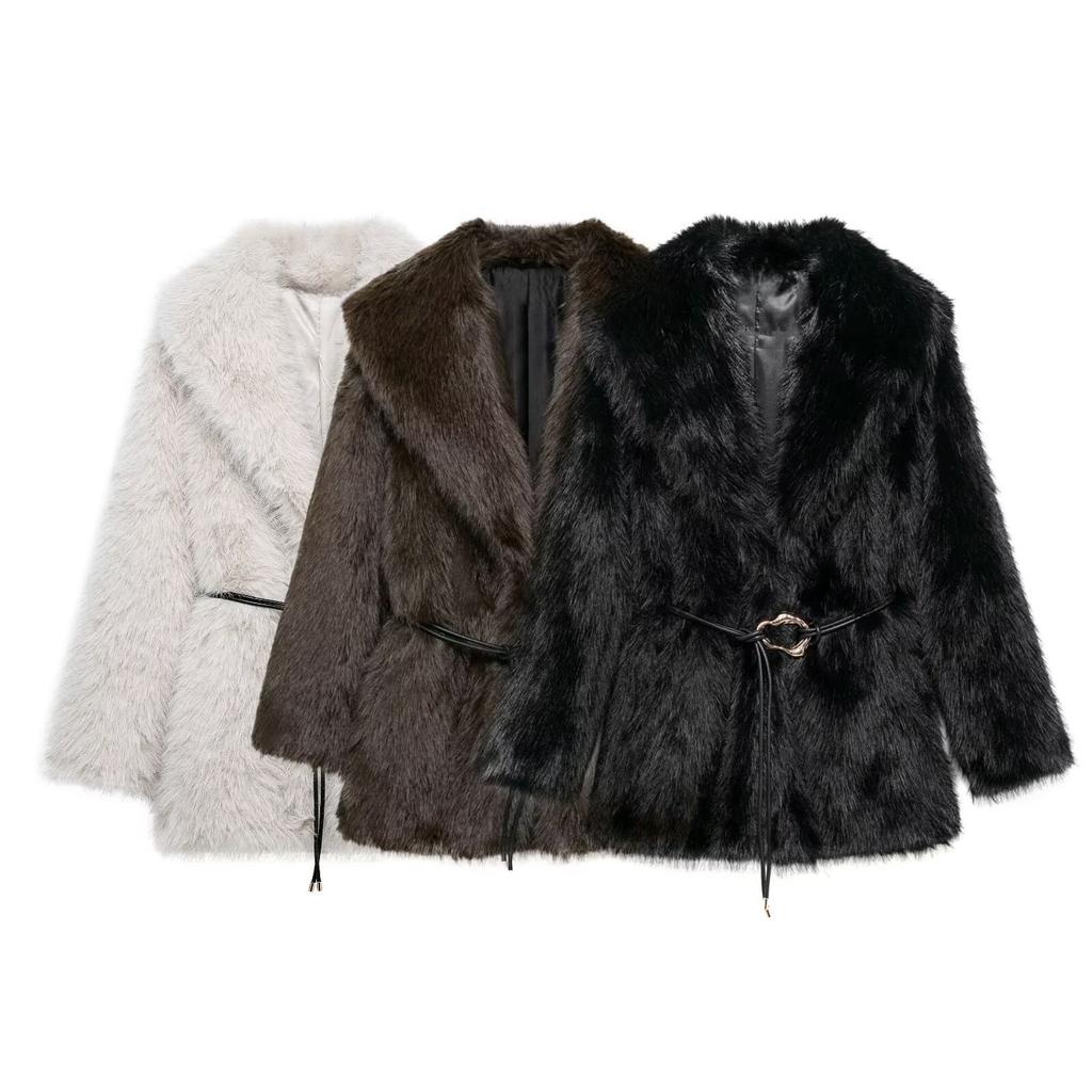 Women's Belt Decoration Collar Solid Color Medium Long Coat Autumn/Winter Long Sleeve Loose Coat