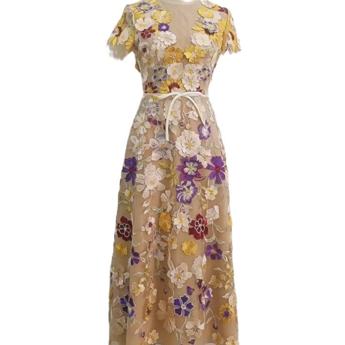 Colorful Flower Embroidery V-Neck Short-Sleeve Dress by Vietnamese Designer