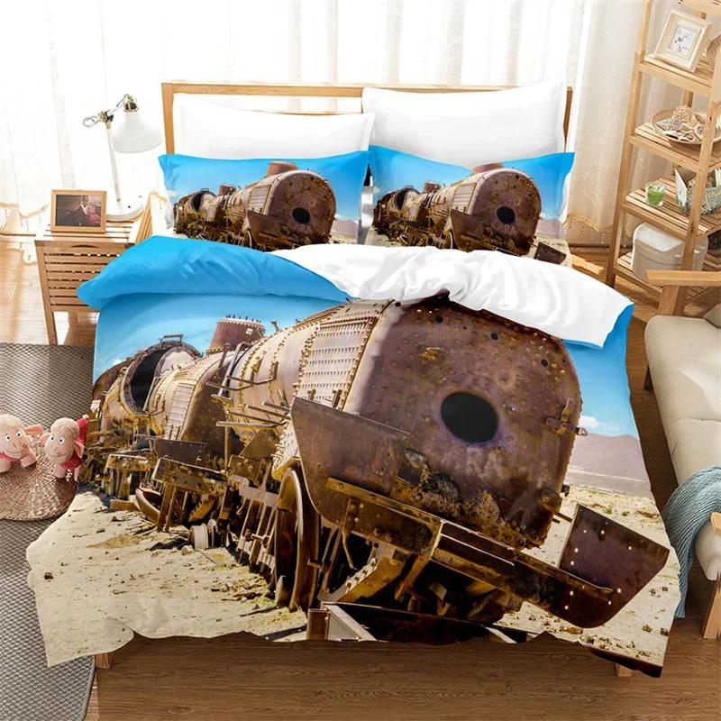 Comforter Steam Engine King Queen Microfiber Vintage Locomotive In Countryside Scenery Green Grass Train Pattern Bedding Set
