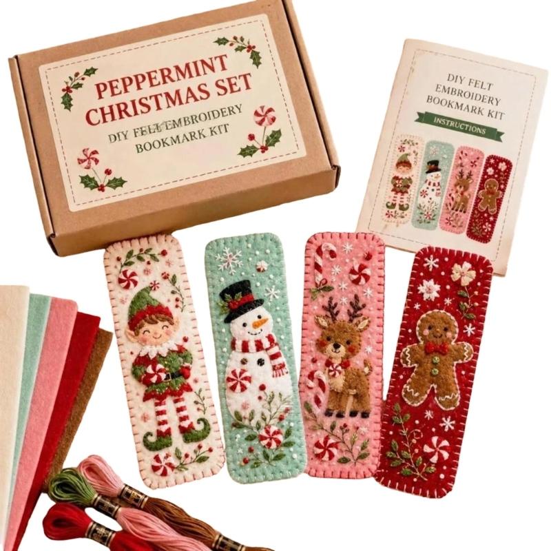 Handmade Christmas Embroidery Page Markers, with Step-by-Step Instruction Needle Thread for Book Lover Holiday Gift
