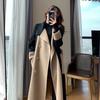 Women's Black Faux Woolen Color-Blocked Patchwork Coat - Hepburn Style, Petite, High-End Korean Design for Autumn/Winter