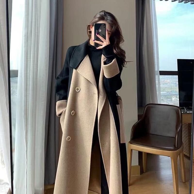 Women's Black Faux Woolen Color-Blocked Patchwork Coat - Hepburn Style, Petite, High-End Korean Design for Autumn/Winter
