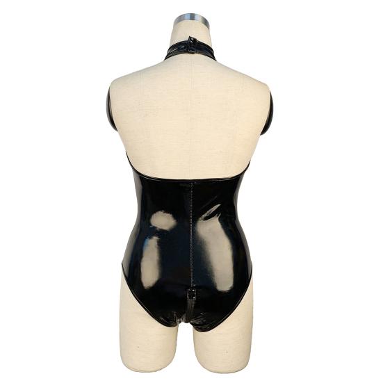 Nadměrná velikost Trendy Pohodlné ženy Umělá lesklá kůže Prsa Zip Bez rukávů Síťovaná sexy body v rozkroku